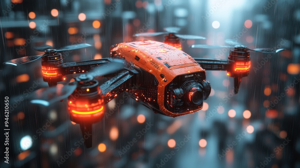 Poster a holographic interface shows detailed metrics and controls for operating a fleet of drones flying t
