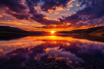 Sunset over a lake in the mountains.