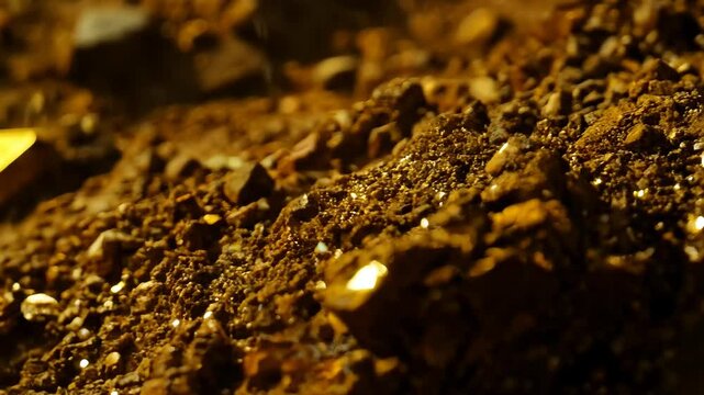 Gold ore mixed with dirt and rocks showing hints of gold glinting in light closeup