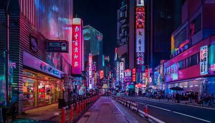 Obraz premium Wide-Angle Night View of Tokyo's Neon Streets in Downtown Shinjuku