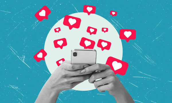 Contemporary art collage artwork featuring a hand holding a modern phone, heart social media badge.