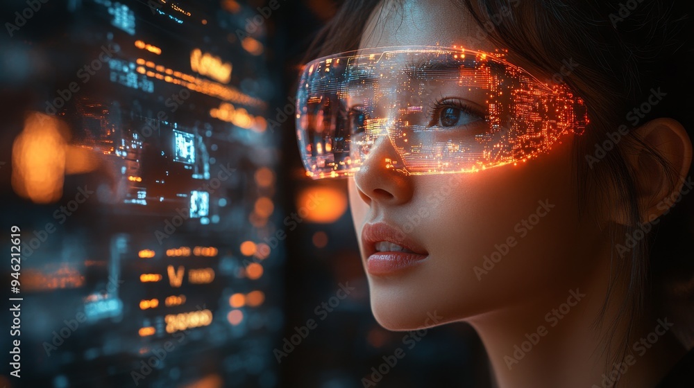 Poster a user interacts with a holographic interface on smart glasses, enhancing the management of chronic 