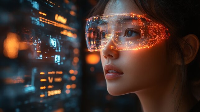 A user interacts with a holographic interface on smart glasses, enhancing the management of chronic conditions in an advanced digital workspace.