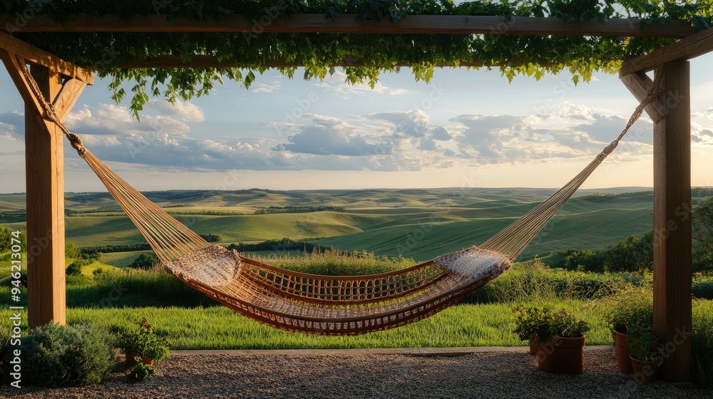 Aufkleber a hammock with a rustic wooden frame set against a backdrop of rolling hills and open sky, creating 