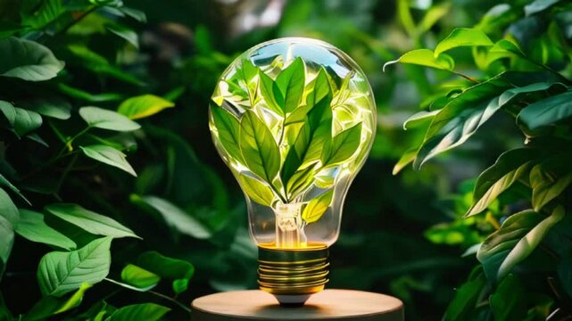 A light bulb with green leaves inside, symbolizing renewable energy and sustainability.