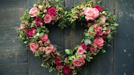 A heart-shaped wreath made of roses and greenery, ideal for romantic and elegant wedding decor