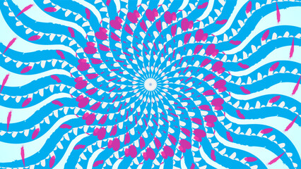 A vibrant abstract illustration featuring swirling blue ribbons with pink and white accents, forming a hypnotic spiral pattern. The design creates a dynamic sense of motion and depth.