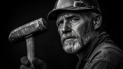 Black and white photo of a rugged construction worker holding a hammer, intense focus in eyes, against a pitch-black background