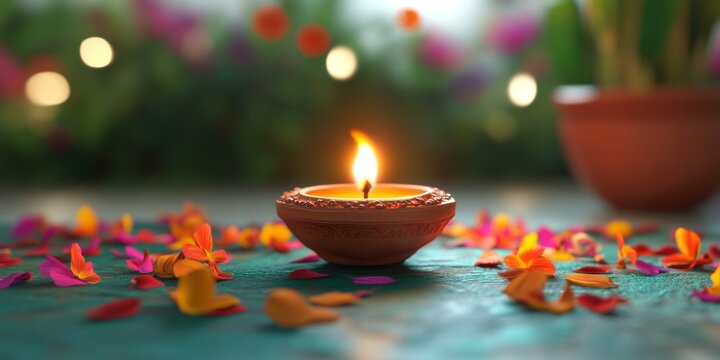 Vibrant Diwali Celebration: Abstract Diya Oil Lamps and Colorful Rangoli Floral Designs. Traditional Indian Festival Decorations on White Background for Deepavali Greetings, Cultural Marketing, and El - Powered by Adobe