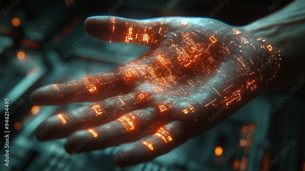 Poster a hand interacts with a glowing holographic interface, displaying digital information for managing c
