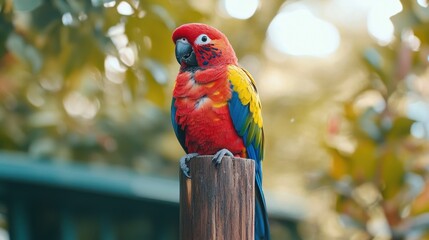 A Vibrant Parrot Perched on a Wooden Post