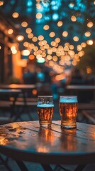 Two glasses of beer resting on table with out of focus restaurant patrons in background