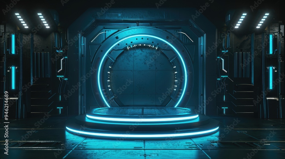 Poster cyberpunk blue empty podium with glowing lamp frame in the dark for product presentation. technology