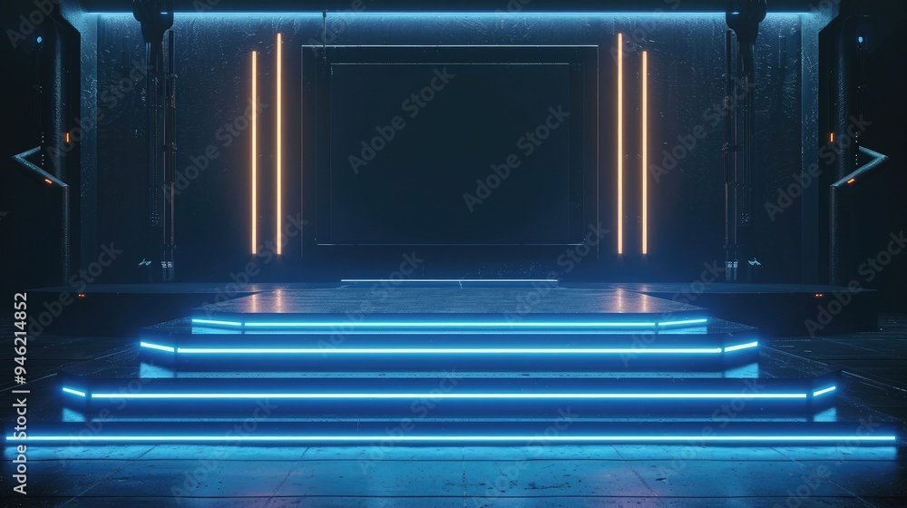 Poster cyberpunk blue empty podium with glowing lamp frame in the dark for product presentation. technology