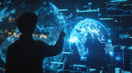 Cybersecurity expert tracking digital footprint on a neonlit globe interface, signifying global vigilance
