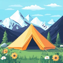 A yellow tent set up in a grassy valley with snow-capped mountains in the background