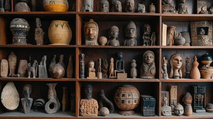Fototapeta premium A collection of artifacts from different cultures arranged on shelves in a study room.