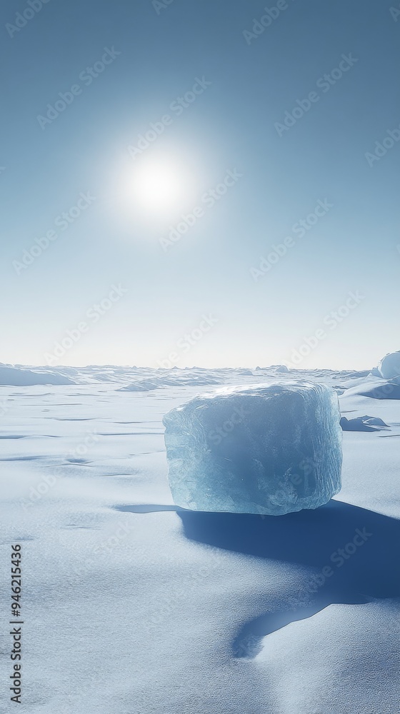 Poster ice block casting a shadow on the snow in a polar landscape