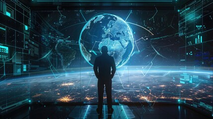 Cybersecurity expert tracking digital footprint on a neonlit globe interface, signifying global vigilance