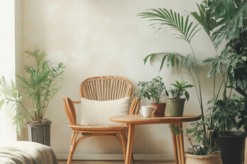 a home corner with a lot of potted plants, minimal style, and modern Japandi on a clean wall background, featuring a chair and table for a chill coffee experience in a relaxing