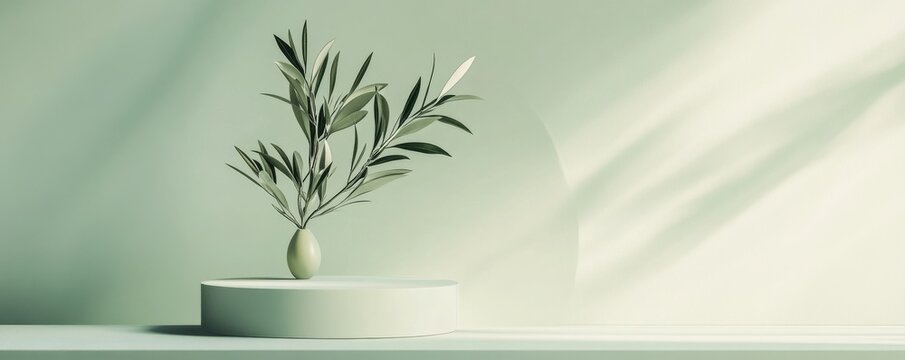 Minimal olive branch on green podium background for product placement
