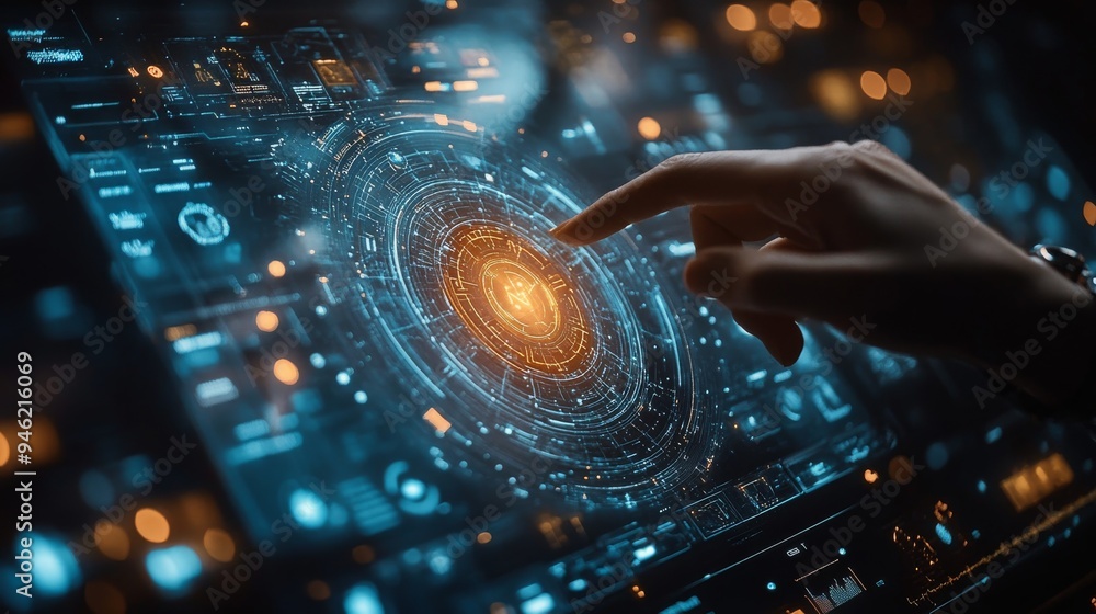 Poster a person interacts with a holographic interface, managing contacts through an advanced digital displ