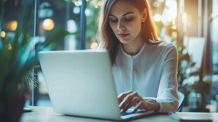 Close up portrait of business woman working on laptop computer at modern office, searching the information. Copy space, text, place, commercial use