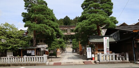 A Japanese shrine : a scene of the entrance to the access to Sakurayama-hachimangu Shrine in...
