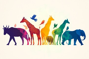 A vibrant display of animal silhouettes including a lion, giraffe, elephant, and birds, arranged in a harmonious line against a light backdrop.