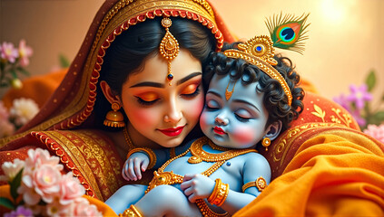 Mother Yashoda lovingly cradling baby Krishna