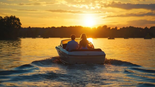 A couple enjoying a romantic boat ride on a scenic lake with a beautiful sunset in the background