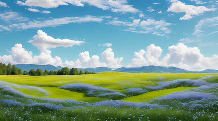 Obraz premium White clouds, a beautiful sky, and verdant grass