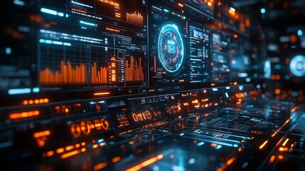 Obraz premium A sophisticated holographic interface showcases data analytics and management tools within a modern corporate workspace.