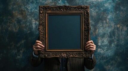 A man holding a decorative frame with intricate details, highlighting artistic taste and style
