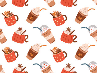 Flat style seamless pattern featuring cozy autumn drinks like spiced lattes and hot cocoa. Perfect for seasonal wrapping paper, textiles, digital backgrounds, or autumn-themed designs.