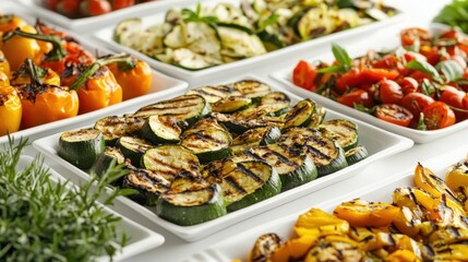 A selection of grilled vegetables, including zucchini, peppers, and cherry tomatoes, arranged beautifully for an outdoor event