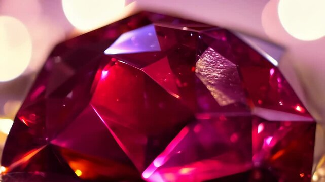 Polished red garnet gemstone with soft bokeh lights closeup