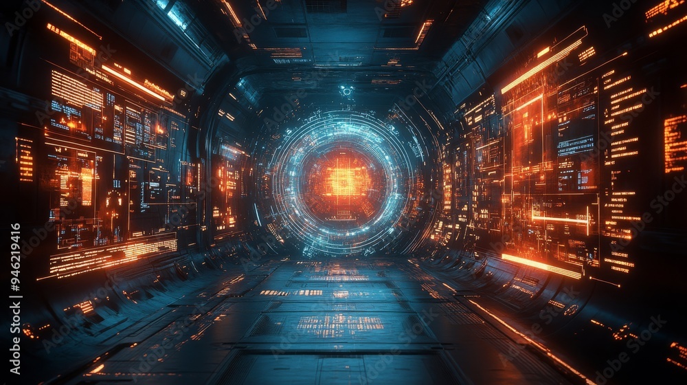 Poster a high-tech control room displays a futuristic holographic interface filled with vibrant data stream
