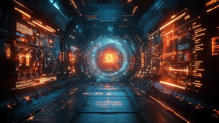 A high-tech control room displays a futuristic holographic interface filled with vibrant data streams and digital controls for efficient management.