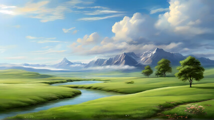 White clouds, a beautiful sky, and verdant grass