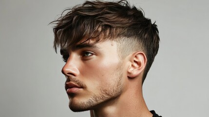 Naklejka premium A man with a textured fringe and a tapered fade, blending a casual style with a modern cut