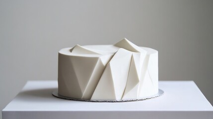 A minimalistic, modern cake with geometric decorations and a smooth, matte finish, set on a sleek, white surface