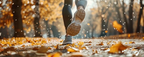 Runner on autumn path with fallen leaves, focused on shoes and legs. Sunlight filtering through trees adds a warm glow.