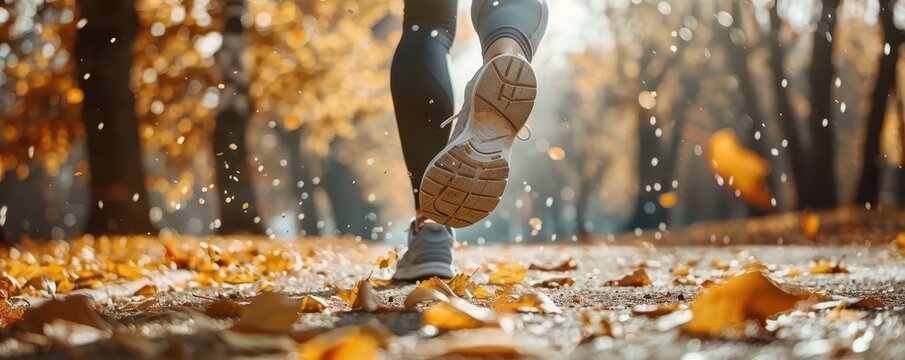Runner on autumn path with fallen leaves, focused on shoes and legs. Sunlight filtering through trees adds a warm glow.