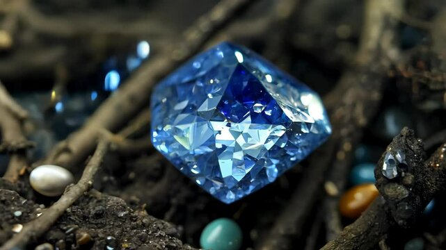 Raw sapphire partially buried in muddy dirt with roots and small stones closeup
