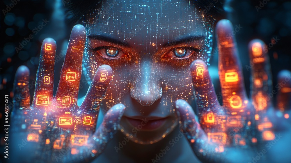 Poster a person interacts with a holographic interface, displaying vibrant digital data in a high-tech sett