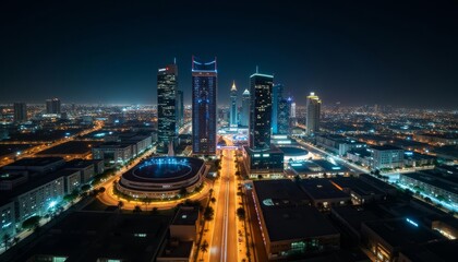 Fototapeta premium Vibrant cityscape at night illuminated by neon lights and skyscrapers