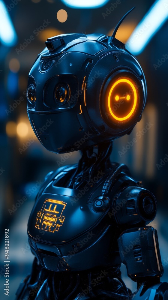 Poster futuristic robot standing in a technological environment