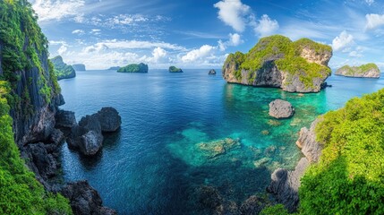 Fototapeta premium A panoramic view of a lush, green island with rocky cliffs and clear blue waters, ideal for travel and nature themes