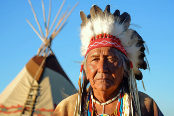 Obraz premium Elderly Native American man in traditional clothing, including a feathered headdress, standing proudly in front of a tipi under a clear blue sky.